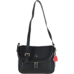 Ladies Large Flap Over Leather Shoulder Bag Black: J-16