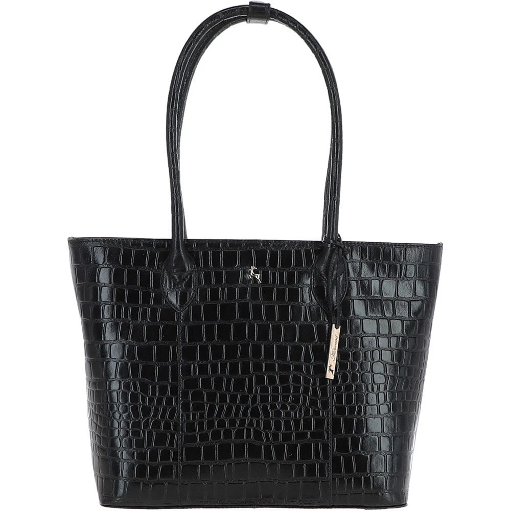 Leather Crocodile Print Shopper Bag Black: C-56