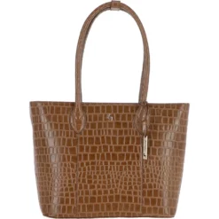 Leather Crocodile Print Shopper Bag Tan: C-56