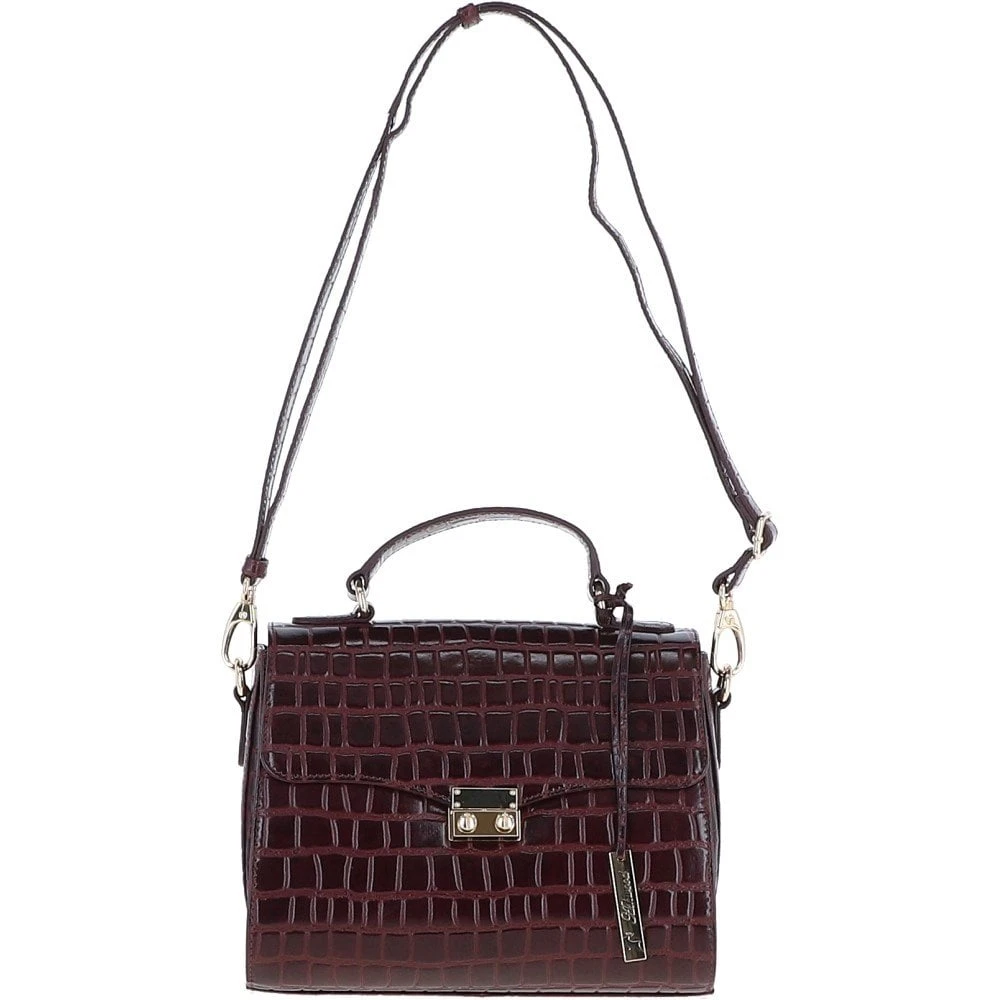 Leather Crocodile Print Shoulder Bag Bordeaux: C-55