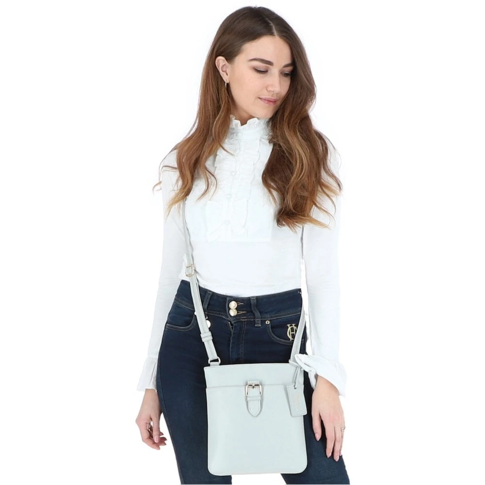 Zip Top Leather Cross Body Bag Ice Grey: SB Buckle - Image 2