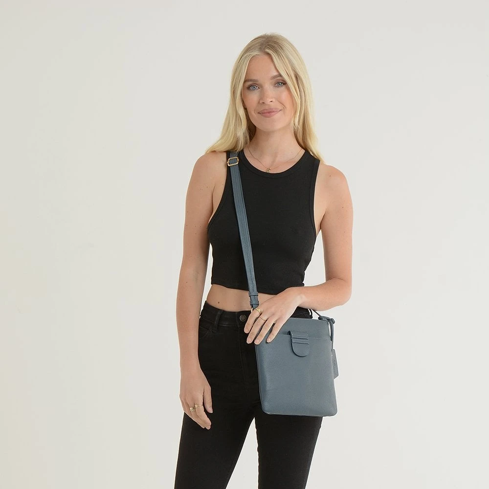 Tab Small Zip Top Leather Cross Body Bag Blue - Image 2