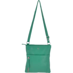 Zip Top Leather Cross Body Bag With External Slip Pocket Green : Ela 1714
