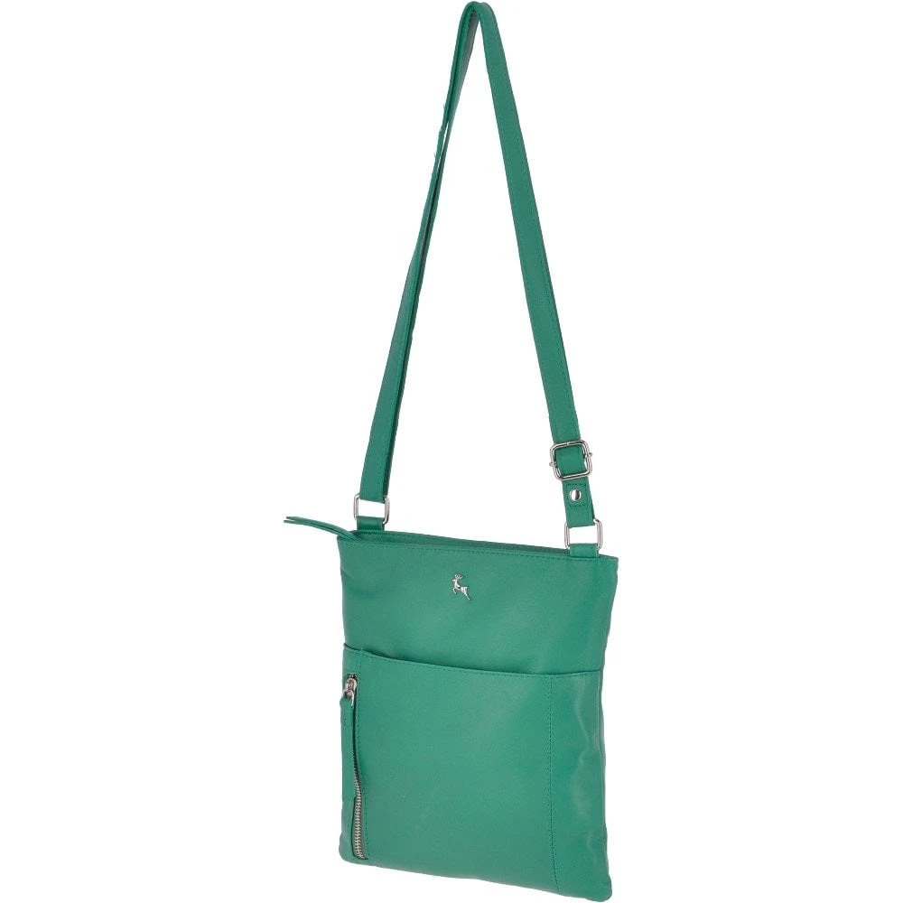 Zip Top Leather Cross Body Bag With External Slip Pocket Green : Ela 1714 - Image 2